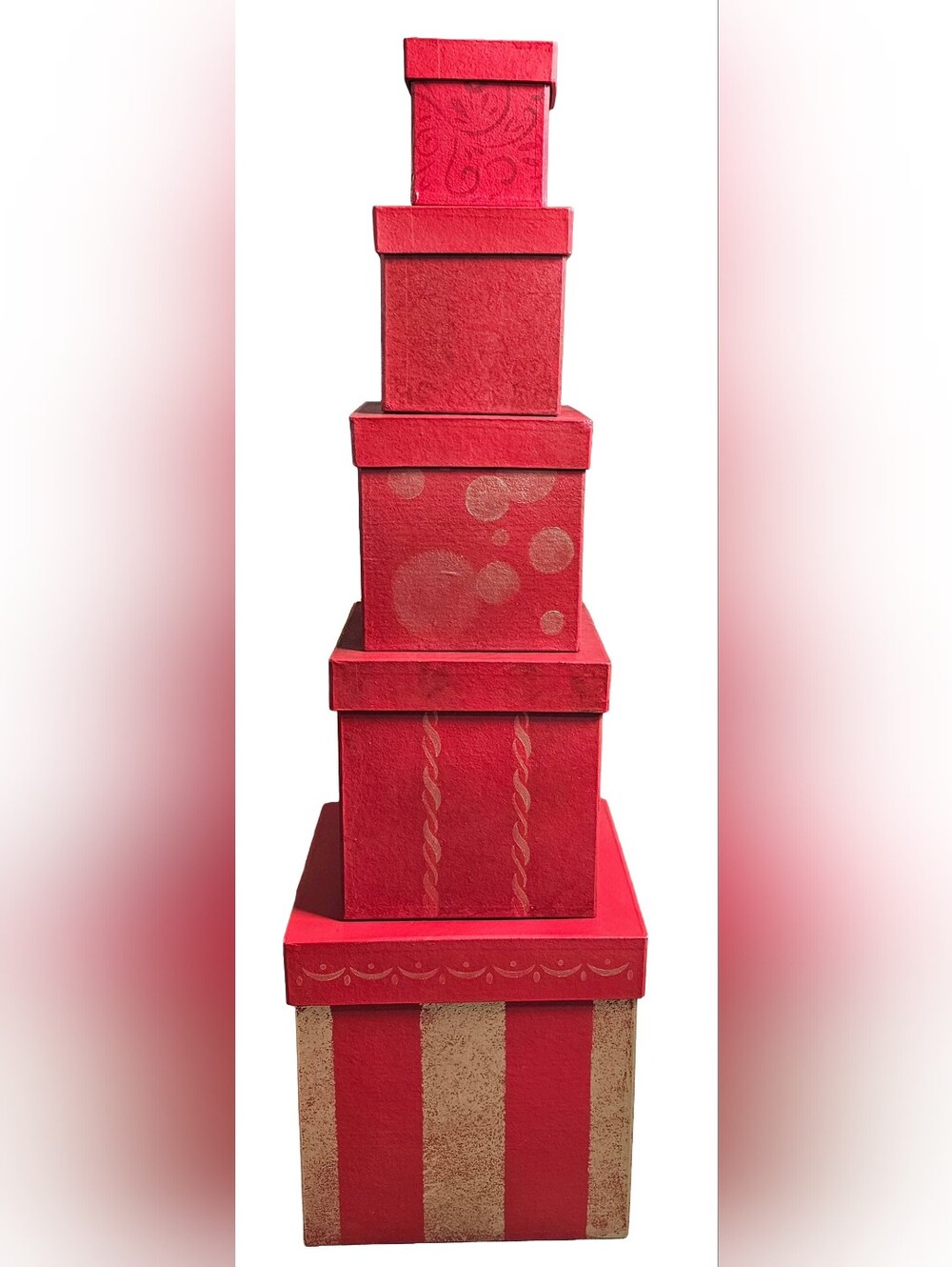 Set Of 5 Hand Painted Stacked Nesting Gift Boxes Red Gold Christmas Decor